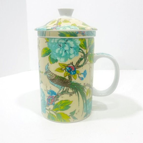 World Market Ceramic Tea Cup Lid & Infuser Basket Asian Peacock Floral 3 Pc - Picture 5 of 11